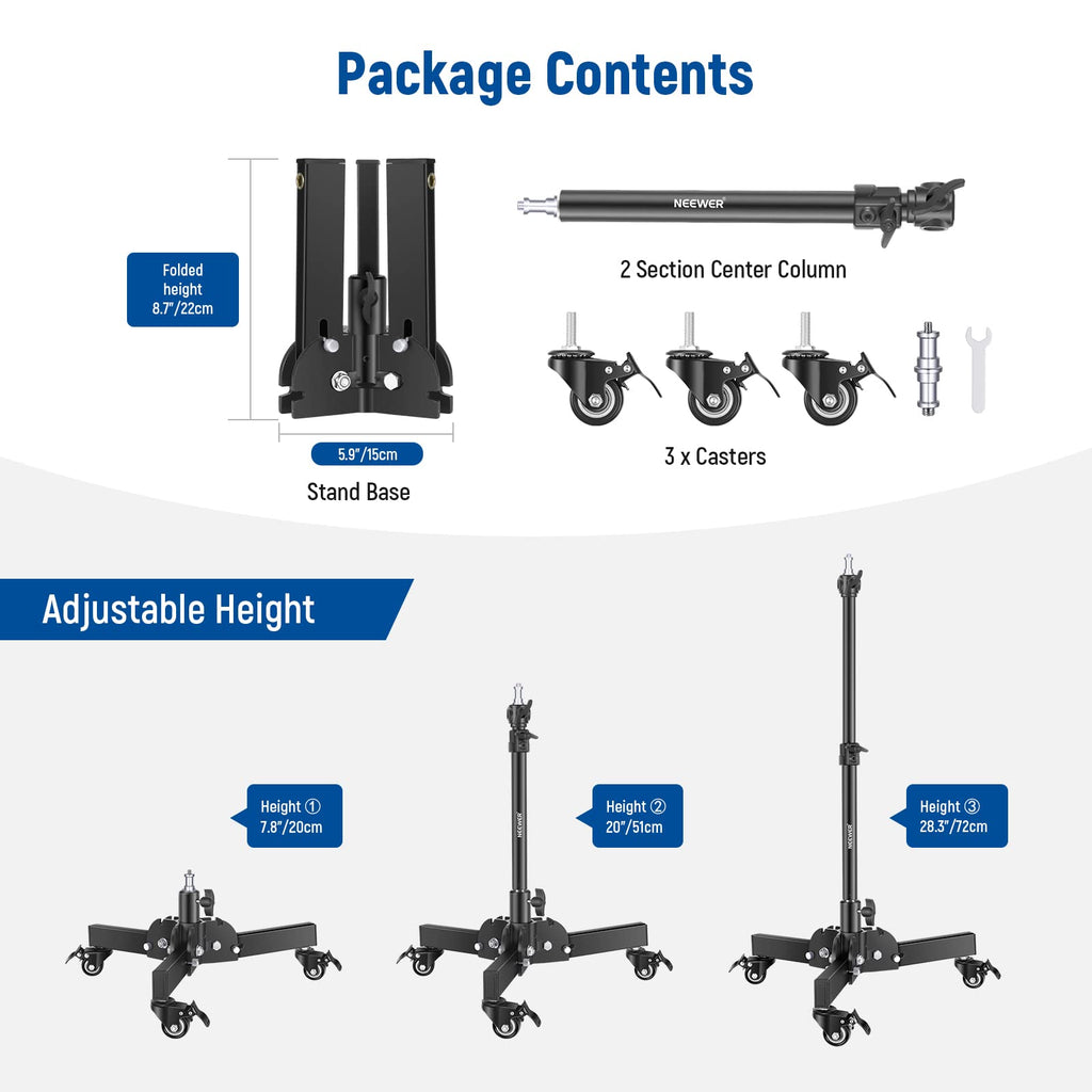 NEEWER Pack of 2 Heavy Duty Light Stands with Wheels, 2.4 Feet Max. Height, Foldable Tripod for Low Angle Shooting, Lighting Stand for Softbox, Monolight and Other Photography Equipment, ST72