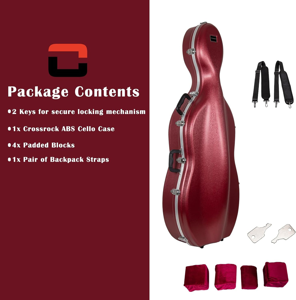 Crossrock ABS Cello Case for 4/4 & 3/4 Size | Wine Red Velvet Interior, Molded Hardshell with Wheels, Lock, Dual Bow Holders & Backpack Straps-Dark Red (CRA862CEFDR)