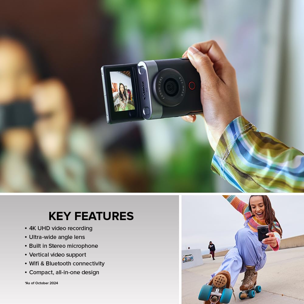 Canon PowerShot V10 Compact Vlogging Camera, 1" CMOS Sensor, 4K Video Streaming, Builtâin WideâAngle Zoom Lens, FlipâLCD & Stereo Mic, Image Stabilization, Creator Studio in Your Pocket, Black
