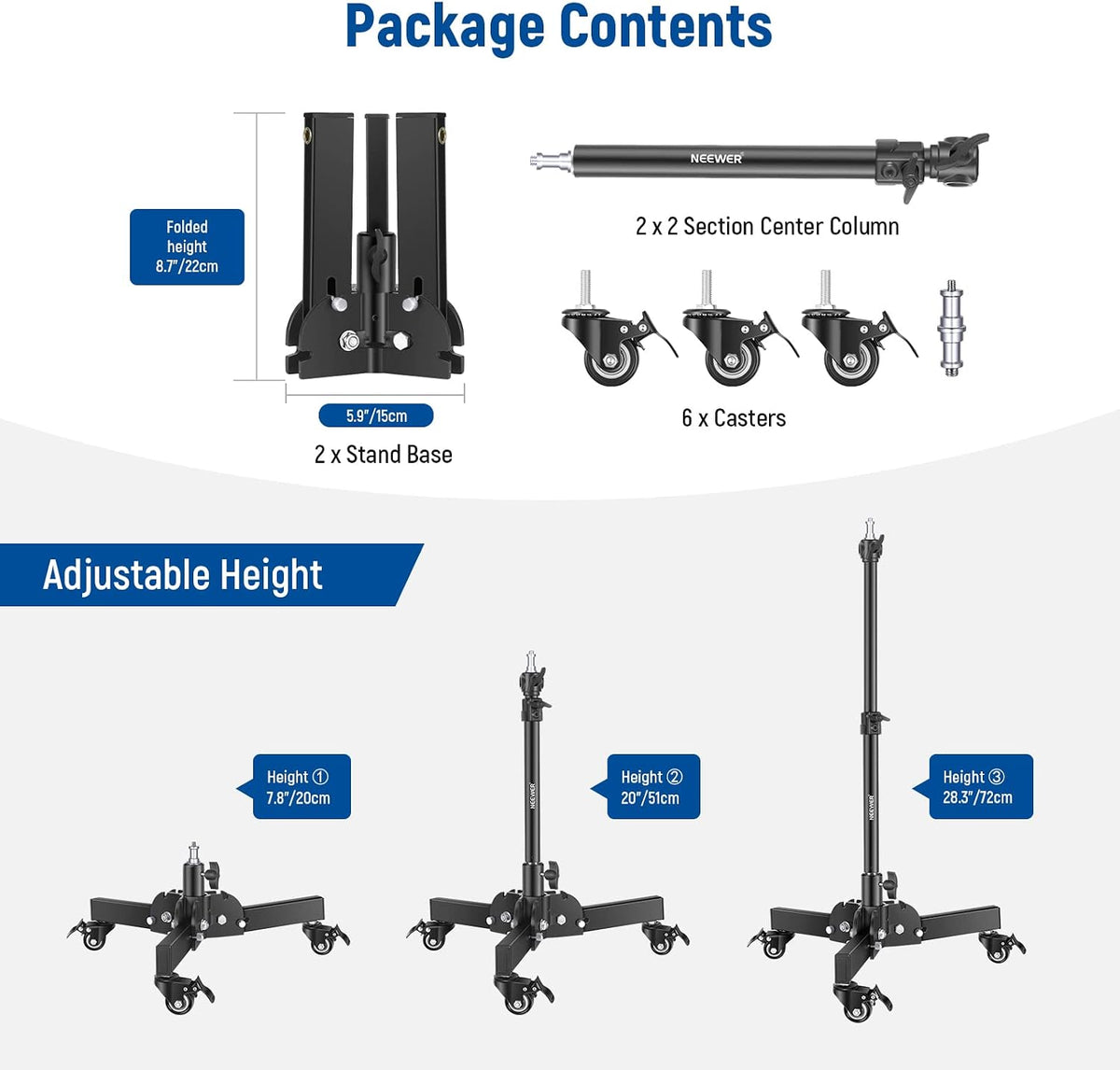 NEEWER Pack of 2 Heavy Duty Light Stands with Wheels, 2.4 Feet Max. Height, Foldable Tripod for Low Angle Shooting, Lighting Stand for Softbox, Monolight and Other Photography Equipment, ST72