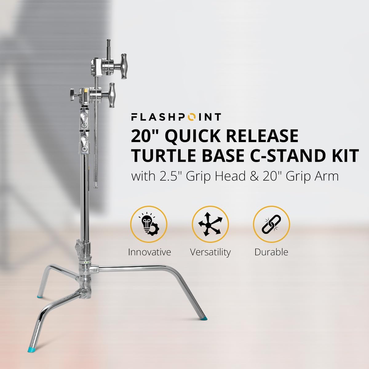 Flashpoint 20" Quick Release Turtle Base C-Stand Kit with 2.5" Grip Head 20" Grip Arm (Chrome)