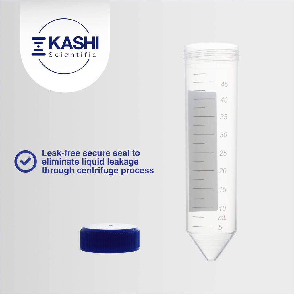 Kashi Scientific 50mL Self Standing Centrifuge Tubes with Screw Cap Lid, Lab Grade Polypropylene Plastic, Skirted, Printed Graduation, Write-on Spot [50mL Self-Standing, 500]