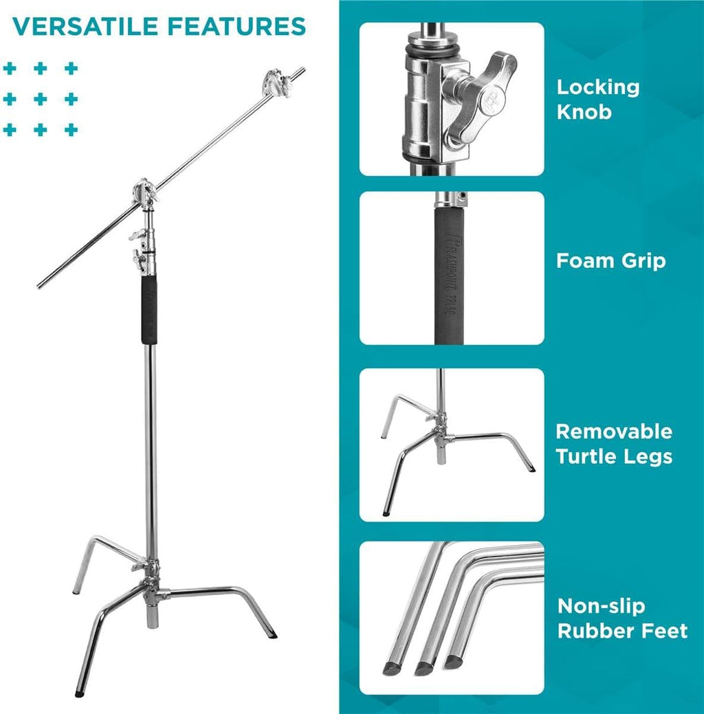 Flashpoint 10' C Light Stand on Turtle Base Kit with Two Tier Spring Loaded Riser Column, 3' GOBO Heads, Baby Pin and 40' Grip Arm, Chrome, a for Cinema Still