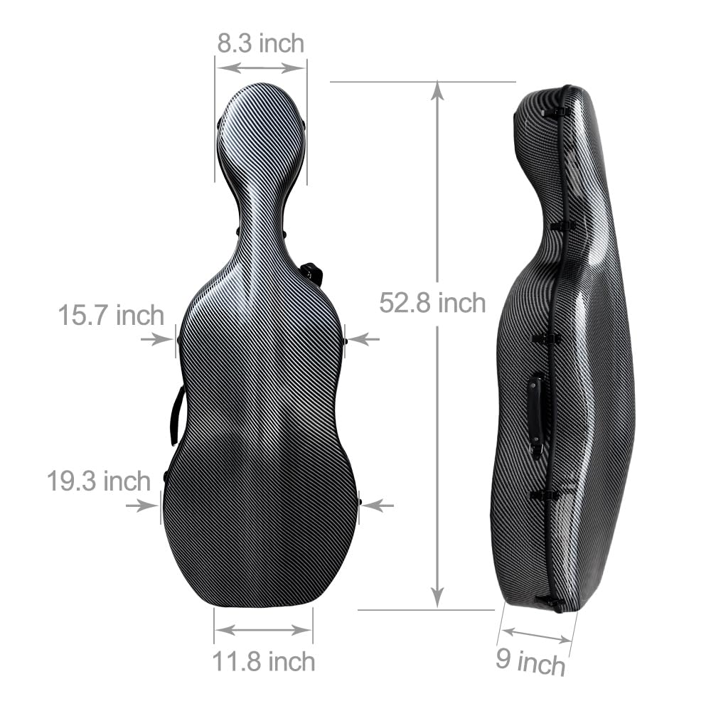 Vetimobato Carbon Fiber Cello Case 4/4 Full Size Strong & Ultralight Hard Shell Travel Case with Built-in Handle Wheels Backpack Straps Bow Holders Cello Box for Professional Cellists (Dark Green)
