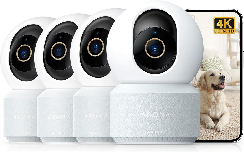 Anona 4K UHD Indoor Camera, Pet/Dog/Baby Security Camera with Phone App, 360Â°Pan-Tilt, 2.4G/5G Dual-Band Wi-Fi 6, Auto-Tracking, Person/Pet/Baby Crying Detection, Privacy Mode, Two-Way Audio, 4 Pack