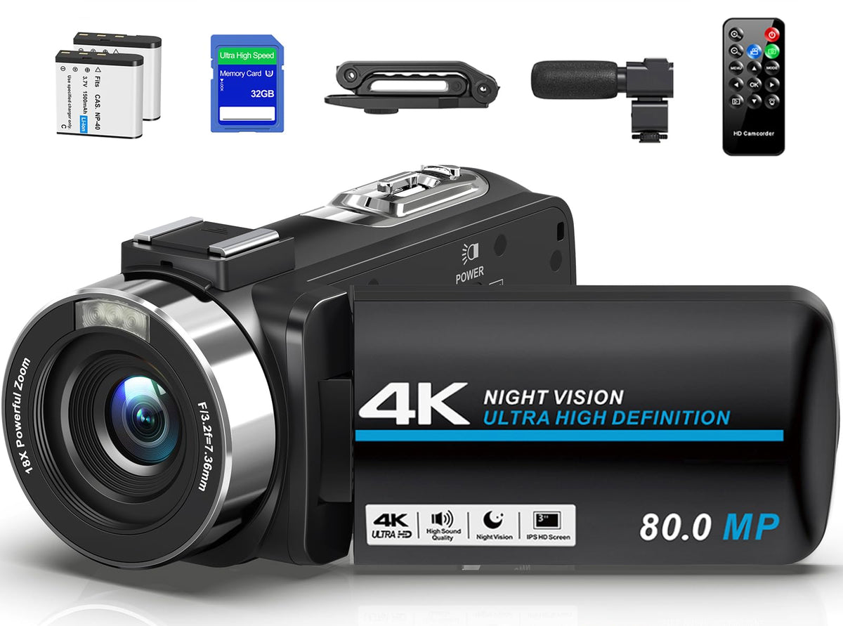 4K 80MP Camcorder Video Camera 18X Zoom Vlogging Camera for YouTube Webcam