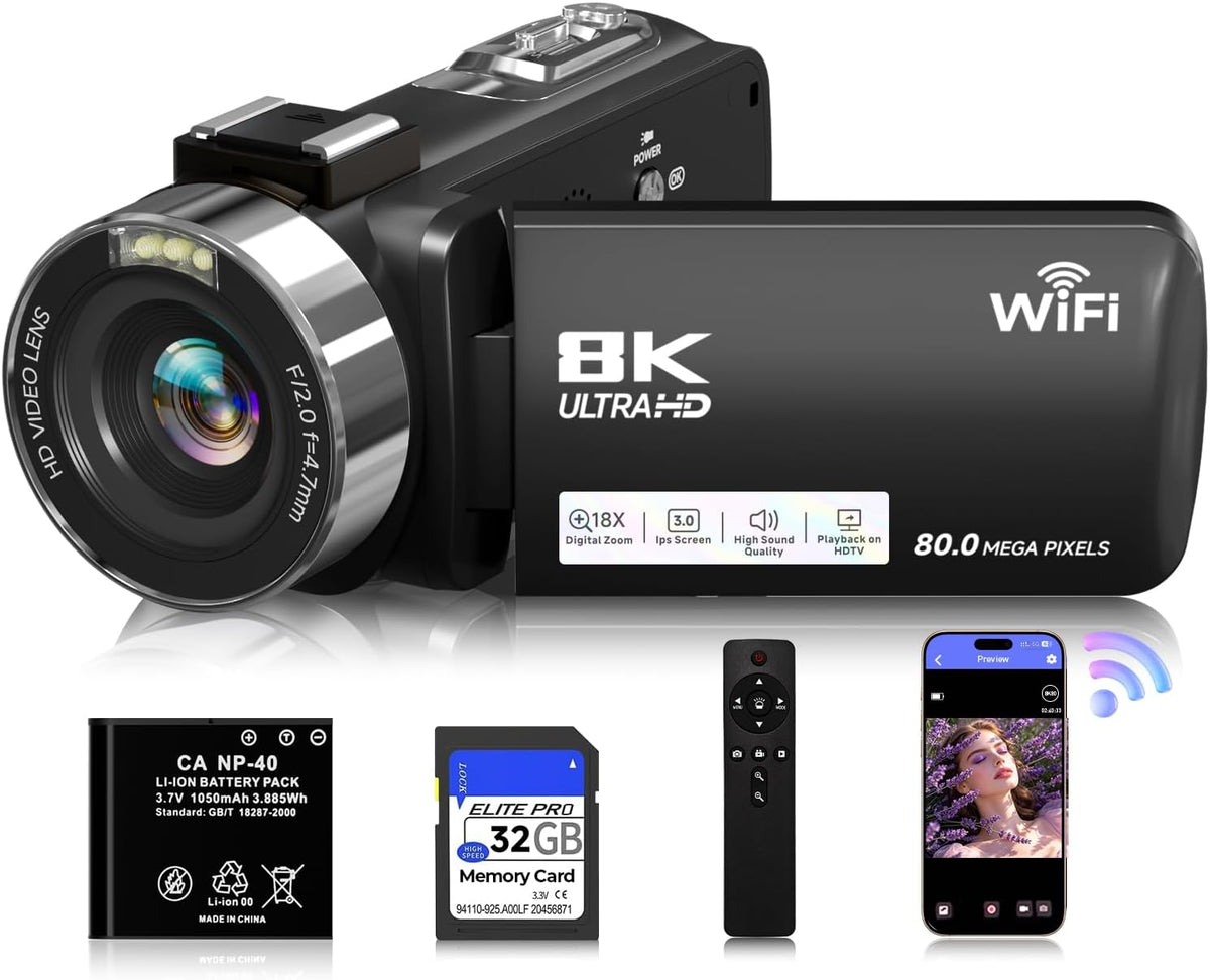 8K Video Camera Camcorder, 80MP AutoFocus WiFi Vlogging Camera for YouTube
