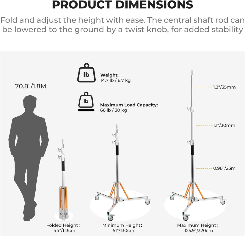 K&F CONCEPT Heavy Duty Light Stand with 360Â° Swivel Casters, 10ft/305cm