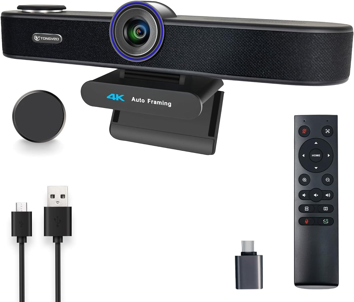 TONGVEO 3-in-1 4K Webcam with Microphones and Speaker, AI Auto-Tracking 5X Digital Zoom Webcam 4K Adjustable Field of View Remote Control Works with Microsoft Teams, Zoom, Google Meet, PC Mac Laptop