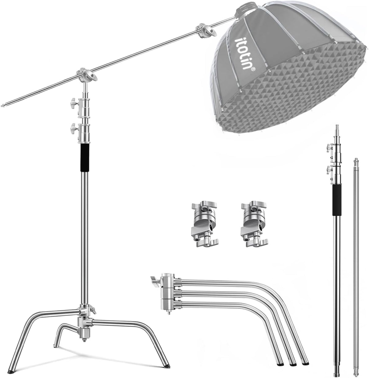 C Stand with Boom Arm Heavy Duty Photography C Light Stands Kit, Max Height 10.5ft/320cm, with 4.2ft/128cm Holding Arm, for Photography Studio, Reflector, Umbrella, Softbox