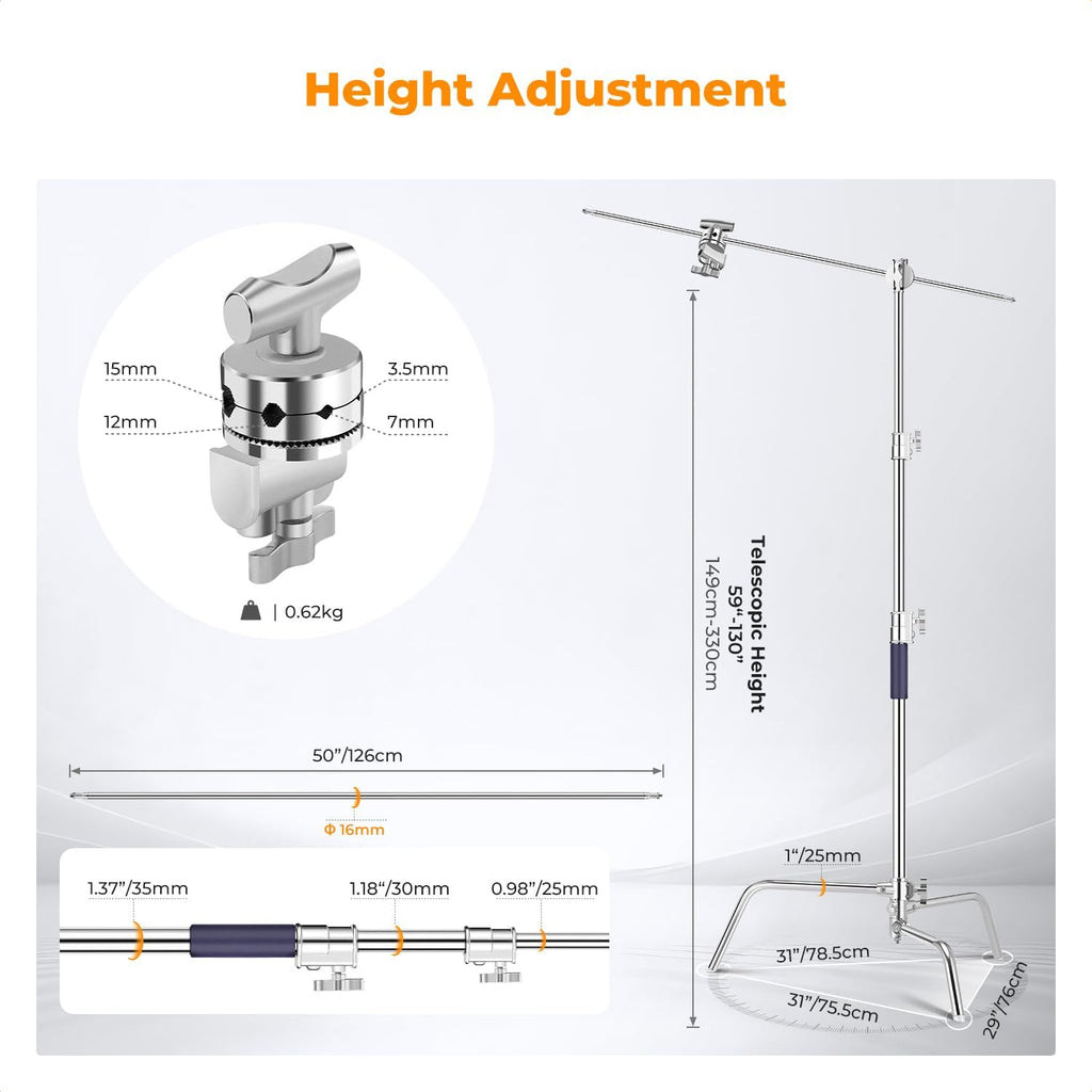 K&F CONCEPT Heavy Duty C Stand, 10.8ft, with Holding Arm, Stainless Steel