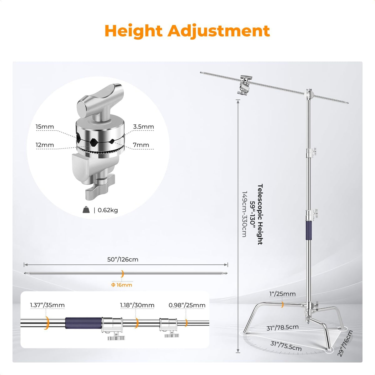 K&F CONCEPT Heavy Duty C Stand, 10.8ft, with Holding Arm, Stainless Steel