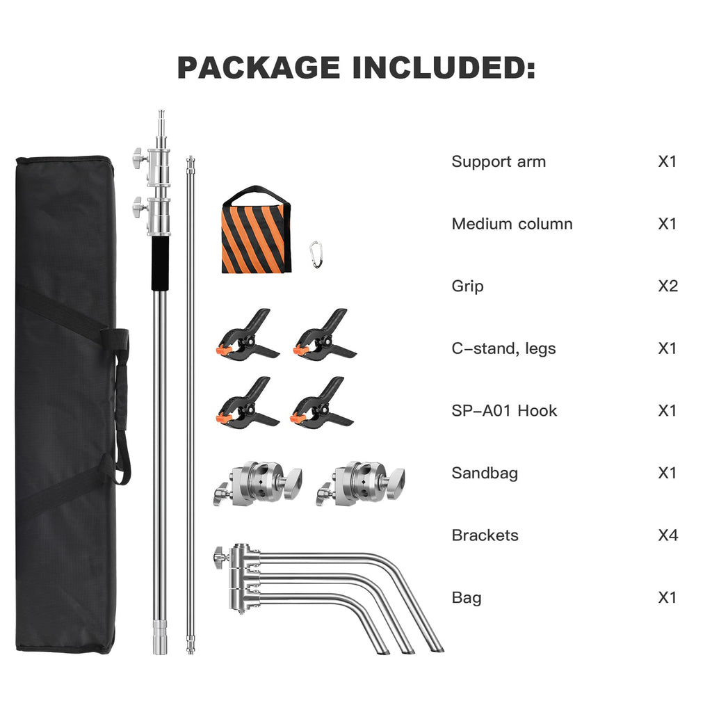2 Pack Stainless Steel Photography Light Stand 6.9ft/210cm with Holding Arm Sandbag Grip Head Heavy Duty C Stand Sturdy for Photography Studio Video Monolight Softbox Shooting?Black?