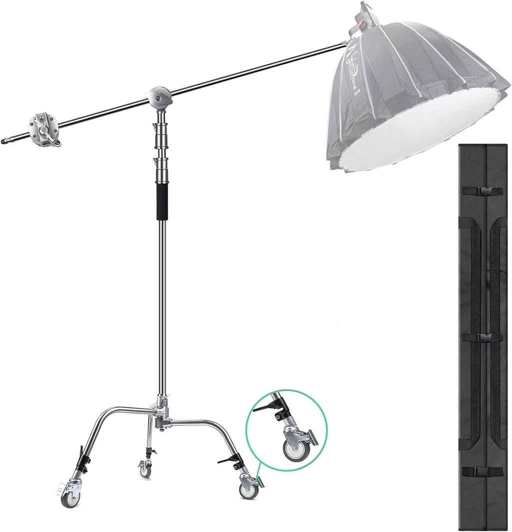 EACHSHOT C Stand Metal with Bag Wheel Max 10.8ft/330cm with 106cm Holding Arm 2 Pieces Grip Head for Godox AD400 Pro AD600 Pro AD600BM Aputure 120D 300D II for Photography Studio Video Monolight