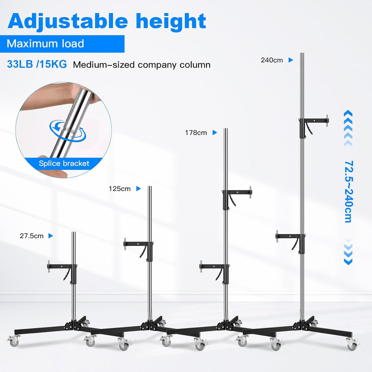 M20 Steel Wheeled Pistol Grip Heavy Duty Light Stand for Photography with Sliding Arm and Chrome-Plated Column Stand, Max. Height 6.5' Max. Load 22 Lbs, Ideal for Light Stand Photography