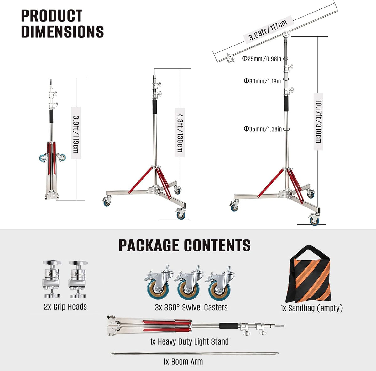 Heavy Duty Stand with Boom Arm & Casters, 10.17ft/310cm Stainless Steel Photography Light Stand Kit with Extension Arm, 2 Grip Heads, Sandbag for Studio Lighting, Monolight, Softbox
