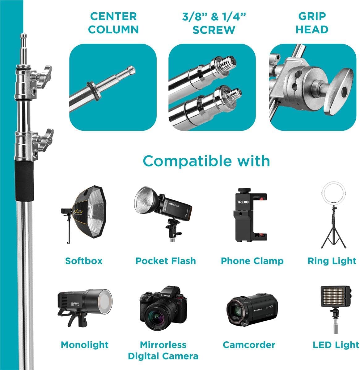 Flashpoint 10' C Light Stand on Turtle Base Kit with Two Tier Spring Loaded Riser Column, 3' GOBO Heads, Baby Pin and 40' Grip Arm, Chrome, a for Cinema Still