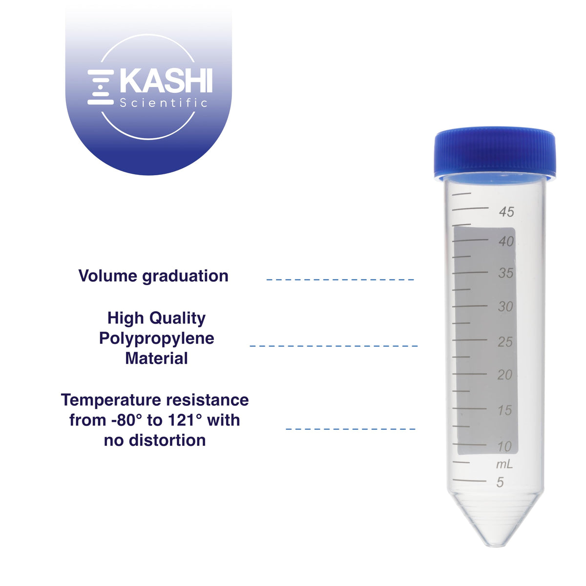 Kashi Scientific 50mL Self Standing Centrifuge Tubes with Screw Cap Lid, Lab Grade Polypropylene Plastic, Skirted, Printed Graduation, Write-on Spot [50mL Self-Standing, 500]