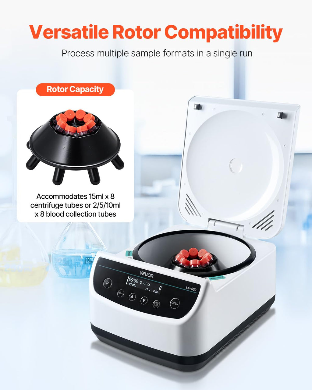 VEVOR Centrifuge Machine, 100-2100xg RCF Electric Laboratory Centrifuge Machine with 1 Rotor for 2/5/10/15/50ml Tube Capacity, Low Speed 500-4000rpm with Timer, Widely Used in Various Experiments