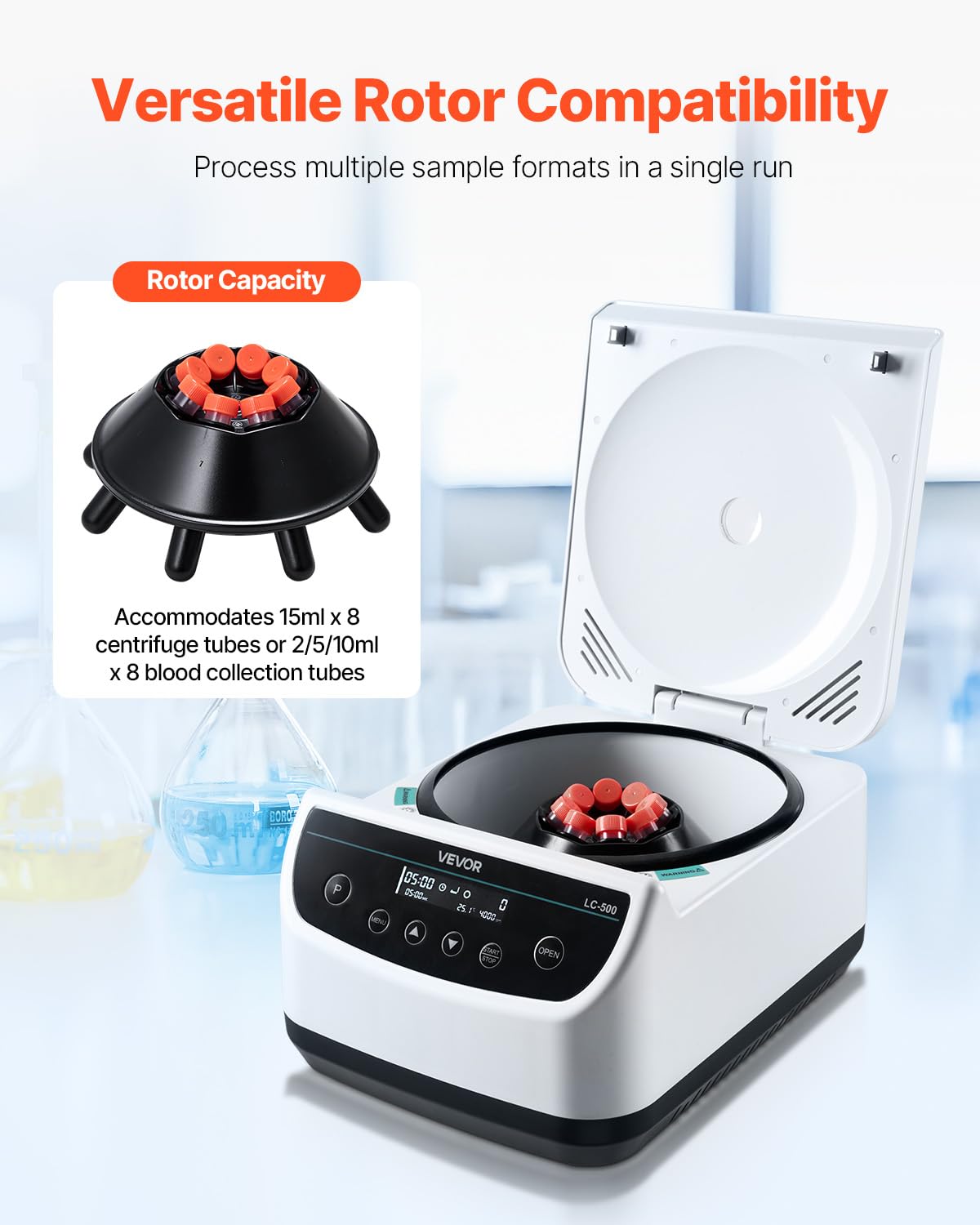 VEVOR Centrifuge Machine, 100-2100xg RCF Electric Laboratory Centrifuge Machine with 1 Rotor for 2/5/10/15/50ml Tube Capacity, Low Speed 500-4000rpm with Timer, Widely Used in Various Experiments
