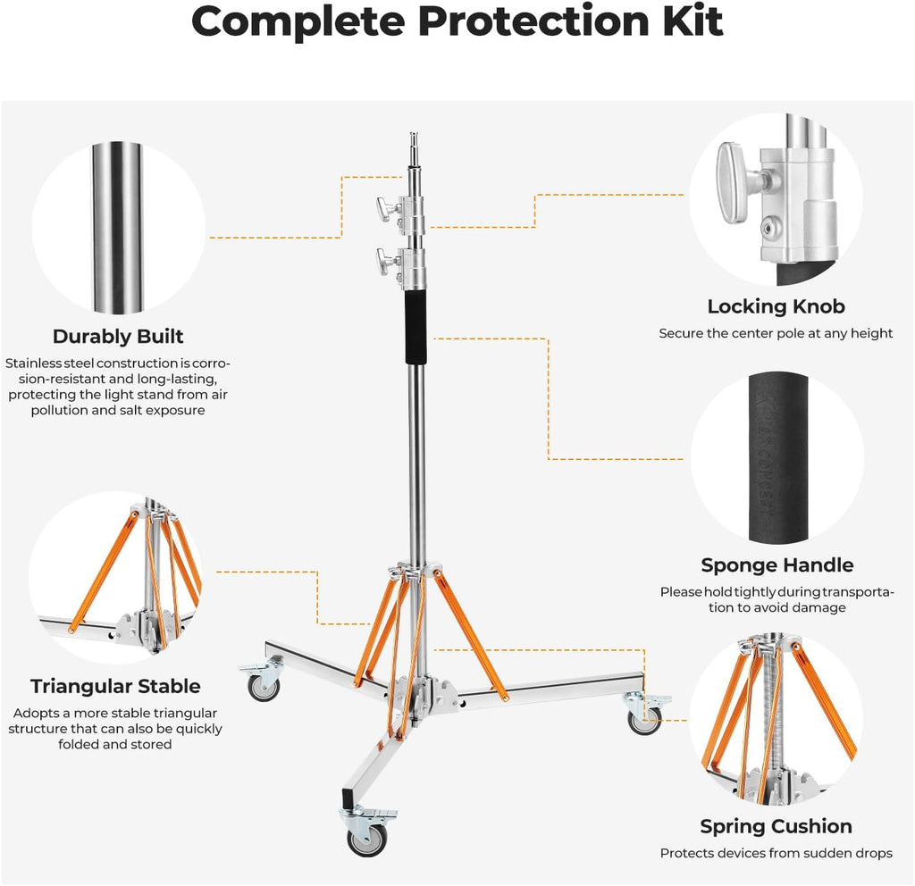 K&F CONCEPT Heavy Duty Light Stand with 360Â° Swivel Casters, 10ft/305cm