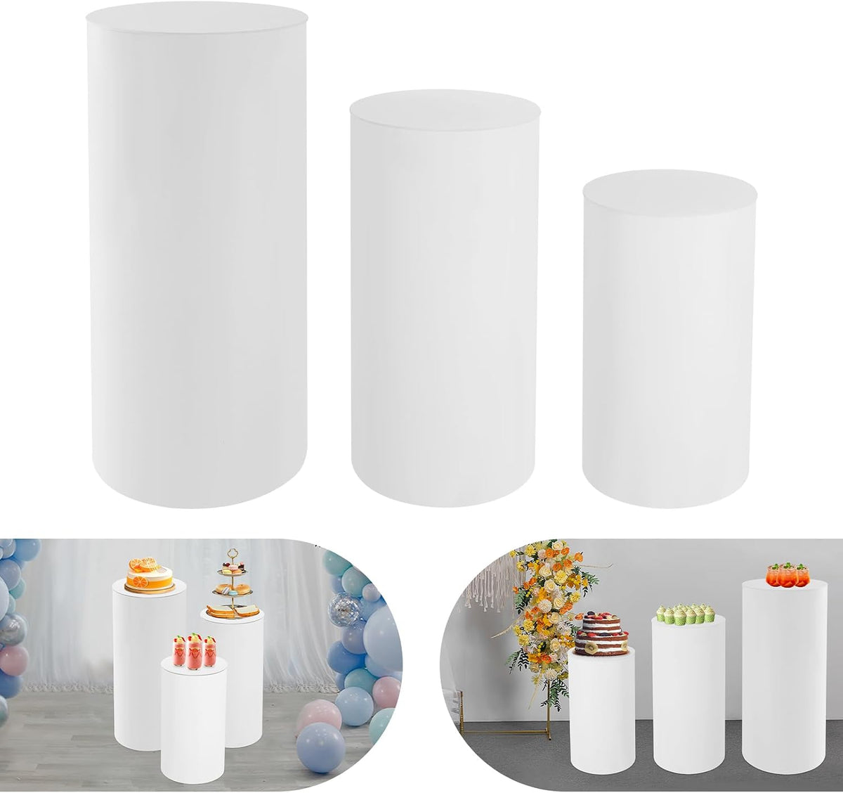 3Pcs Cylinder Pedestal Stand, PVC Acrylic Round Cylinder Stands for Party Decor 23.6 + 29.5 + 35.4 Inch Tall Cylinder Stand Pedestal Display for Birthday Wedding Party, White