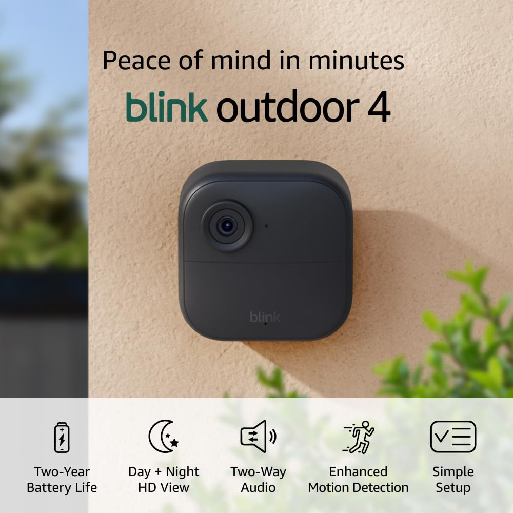 Blink Outdoor 4 â Wireless smart security camera, two-year battery life, 1080p HD day and infrared night live view, two-way talk. Sync Module Core included â 3 camera system