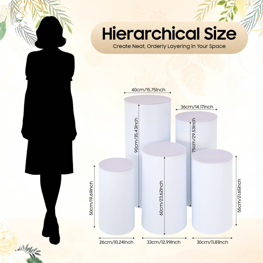 3Pcs Cylinder Pedestal Stand, PVC Acrylic Round Cylinder Stands for Party Decor 23.6 + 29.5 + 35.4 Inch Tall Cylinder Stand Pedestal Display for Birthday Wedding Party, White