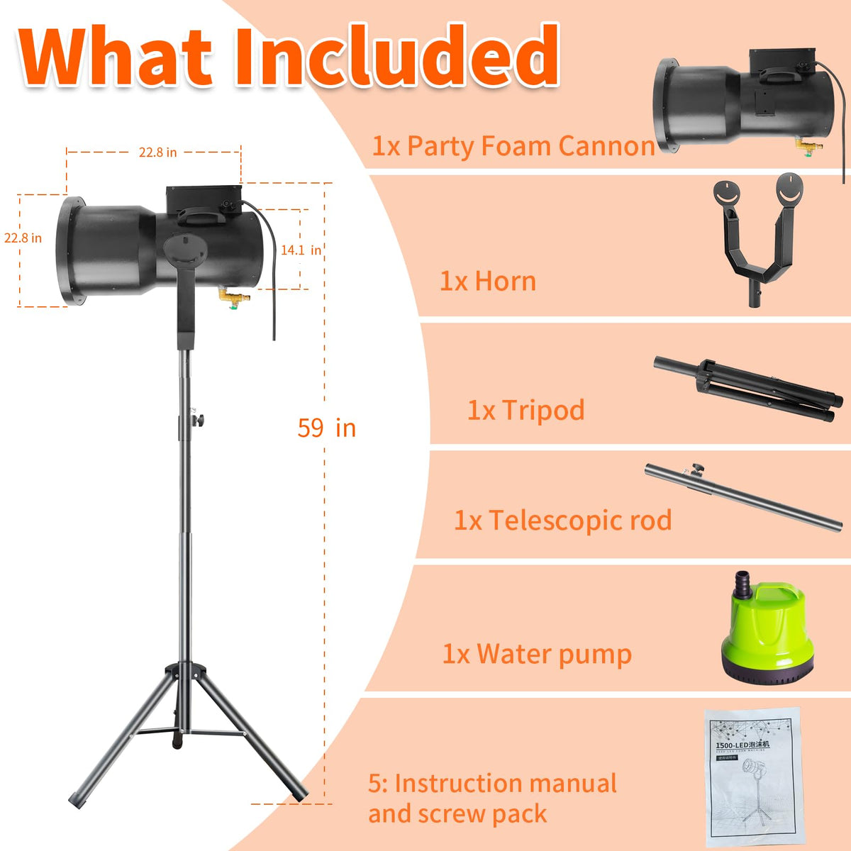 Foam Machine for Party with Fully Automatic Head Swing & Adjustable Height, Party Foam Machine with 9 LED Lights, Foam Cannon for Garden, Pool, Indoor, Birthdays, Celebrations, and Backyard Events