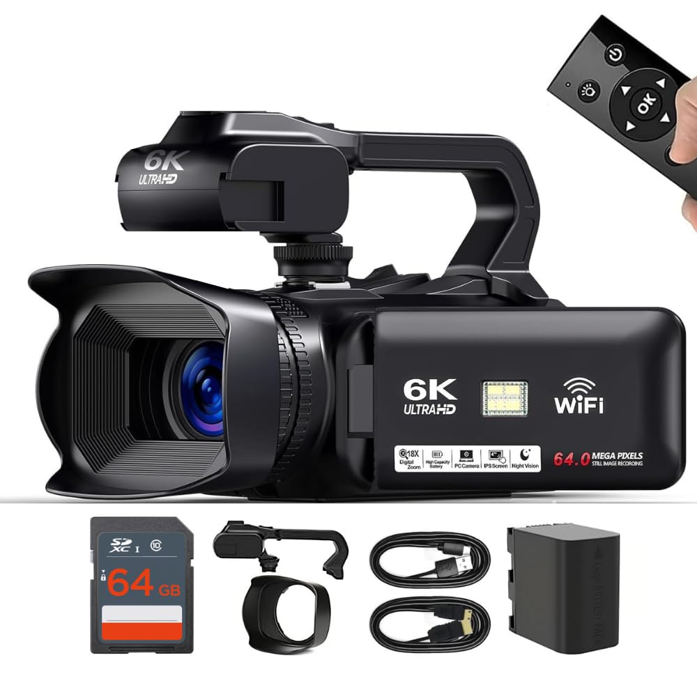 Acuvar 4K/6K Video Camera Camcorder â 64MP Vlogging Camera for YouTube, 60FPS, 18X Zoom â with Mic, LED Light, Tripod & 2Ã64GB Cards â WiFi, Webcam Bundle