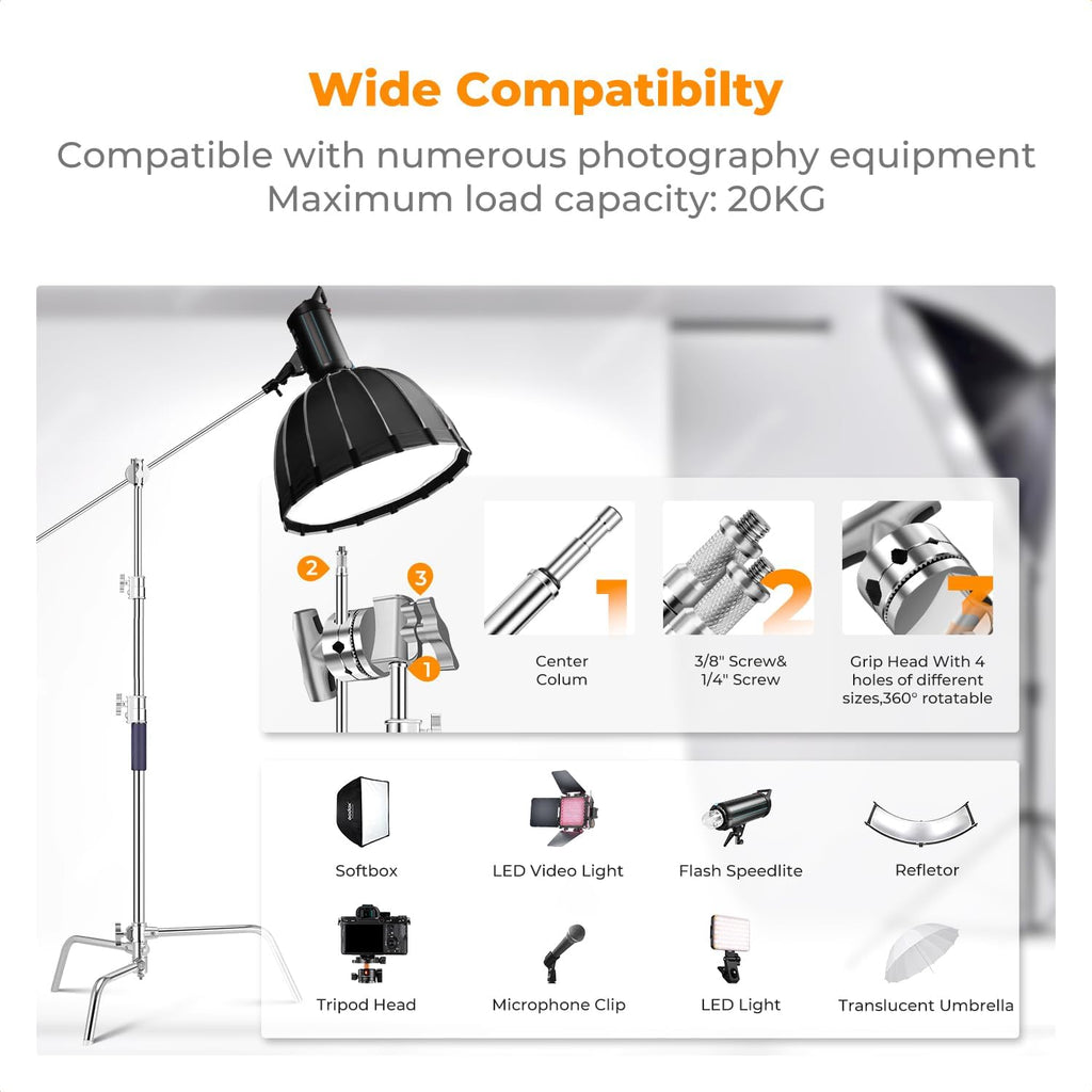 K&F CONCEPT Heavy Duty C Stand, 10.8ft, with Holding Arm, Stainless Steel