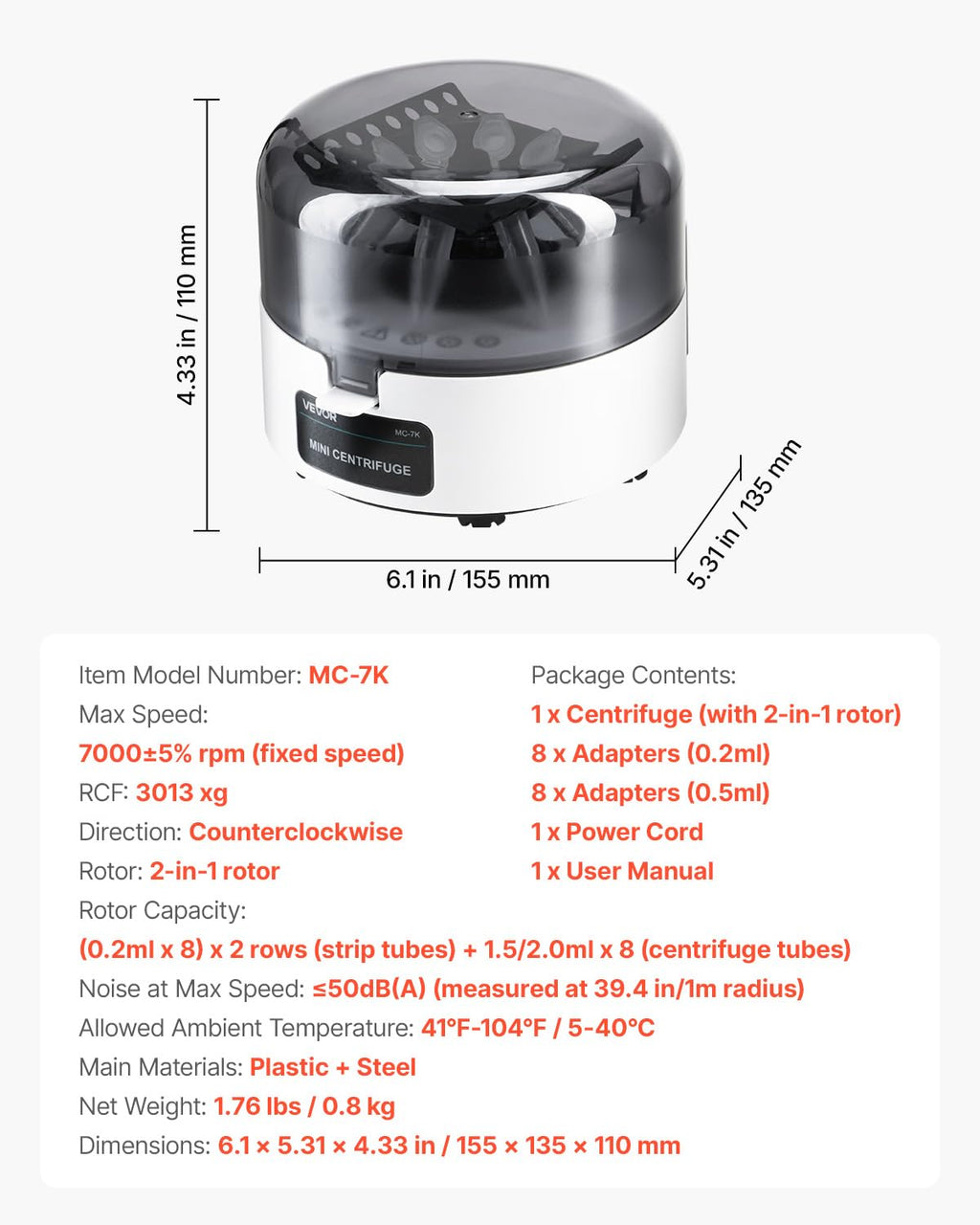 VEVOR Centrifuge Machine, 100-2100xg RCF Electric Laboratory Centrifuge Machine with 1 Rotor for 2/5/10/15/50ml Tube Capacity, Low Speed 500-4000rpm with Timer, Widely Used in Various Experiments