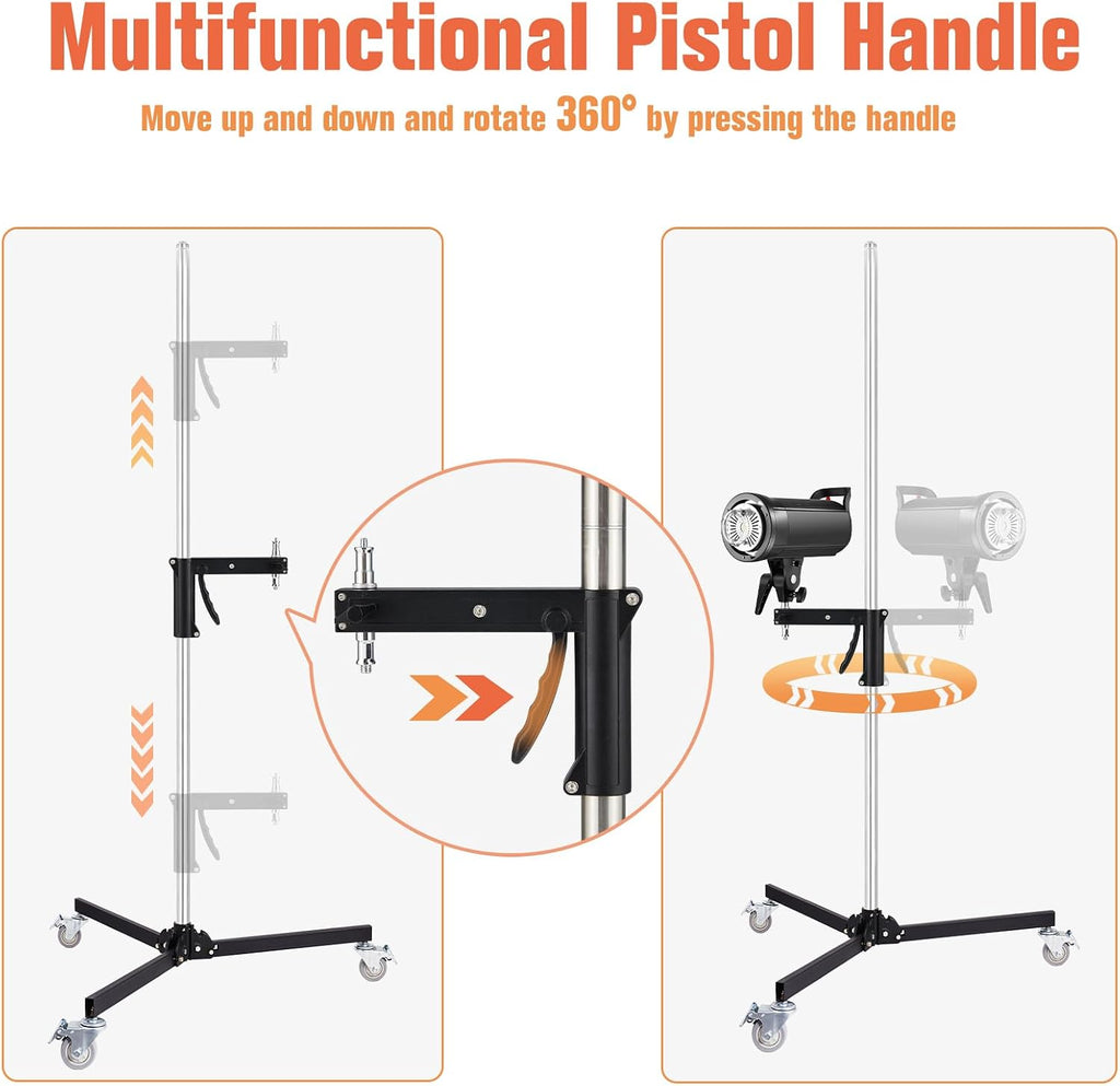 Heavy Duty Light Stand with Casters, Wheeled Photography Pistol Grip Stand with 2 Grips, 8.5FT Adjustable Steel Light Stand with 1/4" 3/8â 5/8" Screw for Studio Camera, Monolight, Softbox, Umbrella