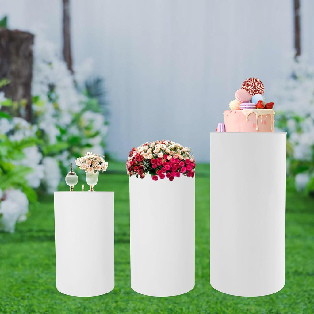 3Pcs Cylinder Pedestal Stand, PVC Acrylic Round Cylinder Stands for Party Decor 23.6 + 29.5 + 35.4 Inch Tall Cylinder Stand Pedestal Display for Birthday Wedding Party, White