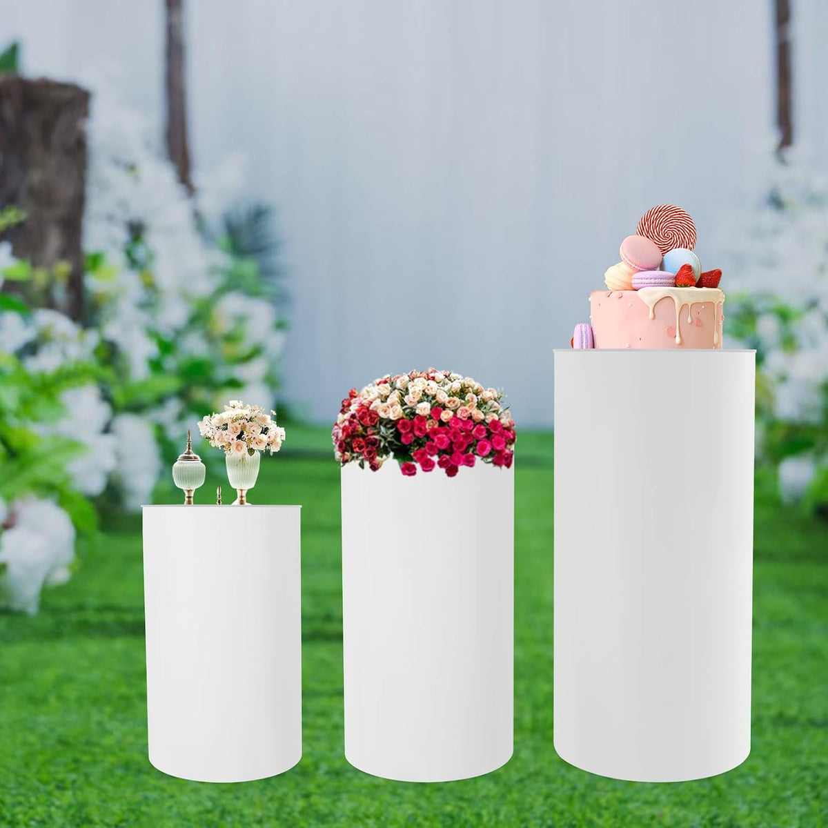3Pcs Cylinder Pedestal Stand, PVC Acrylic Round Cylinder Stands for Party Decor 23.6 + 29.5 + 35.4 Inch Tall Cylinder Stand Pedestal Display for Birthday Wedding Party, White