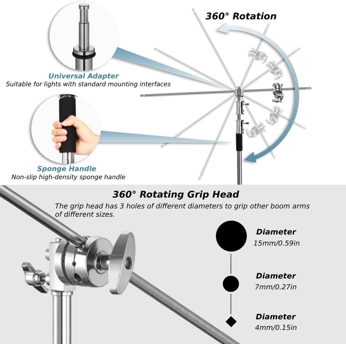 Heavy Duty C Stand with Boom Arm, Stainless Steel Heavy Duty Photography Light Stand, Adjustable Height 4.9ft-10.8ft, with 4.1ft Holding Arm, for Reflector, Umbrella, Softbox, Monolight