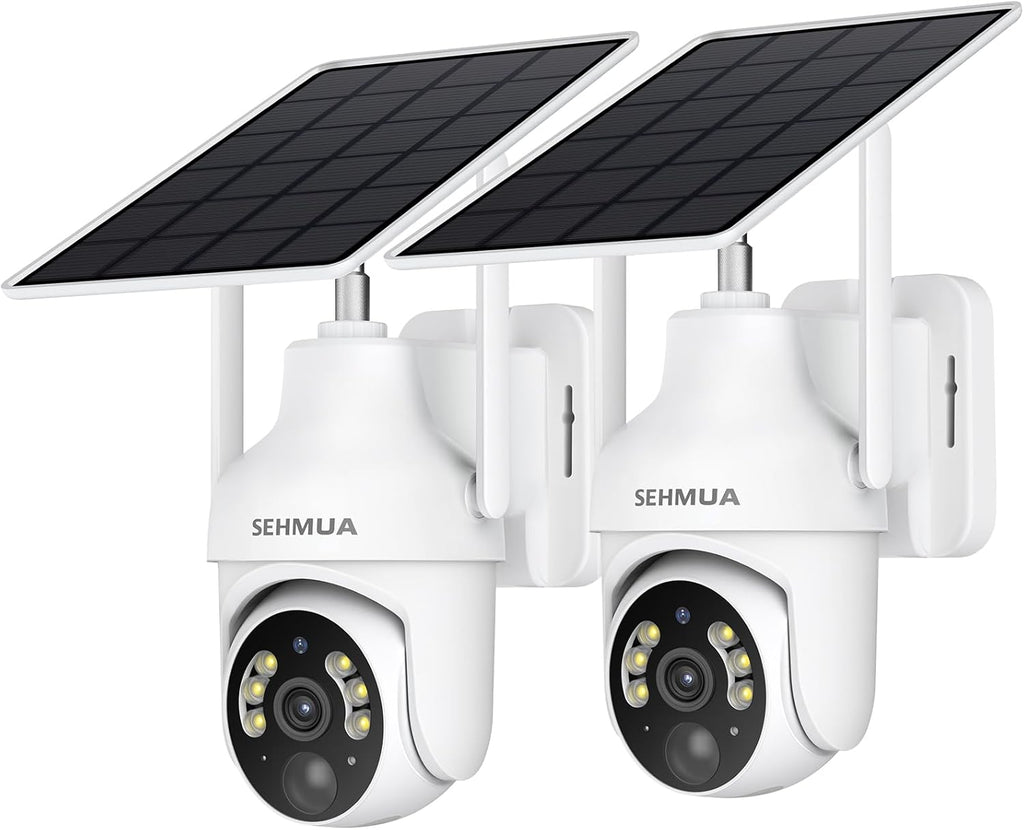 SEHMUA 2K Solar Security Cameras Wireless Outdoor, 2 Pack 360Â° View Pan/Tilt WiFi Security Camera Outside with Color Night Vision,Easy to Install, PIR Alarm, 2-Way Audio