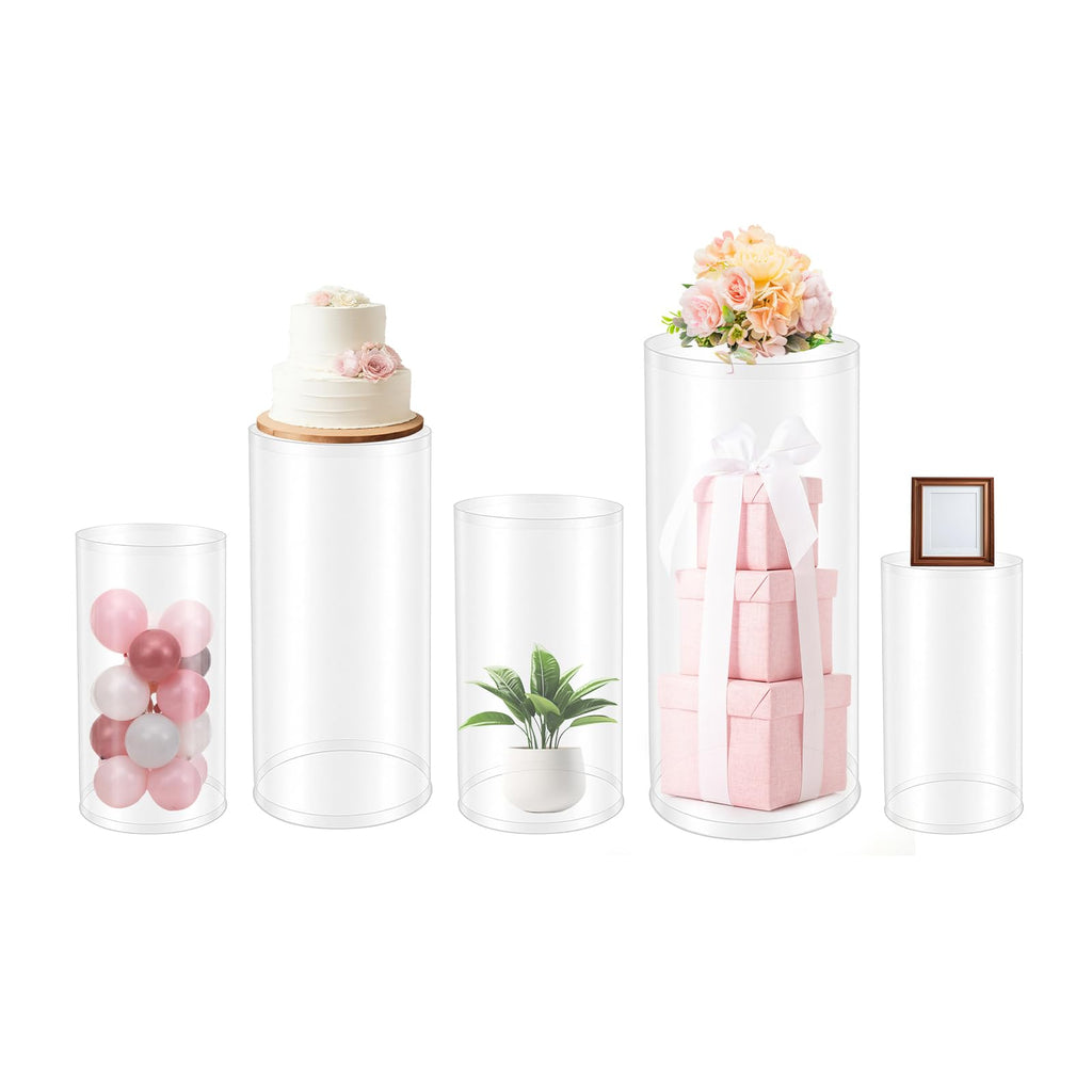 3Pcs Cylinder Pedestal Stand, PVC Acrylic Round Cylinder Stands for Party Decor 23.6 + 29.5 + 35.4 Inch Tall Cylinder Stand Pedestal Display for Birthday Wedding Party, White