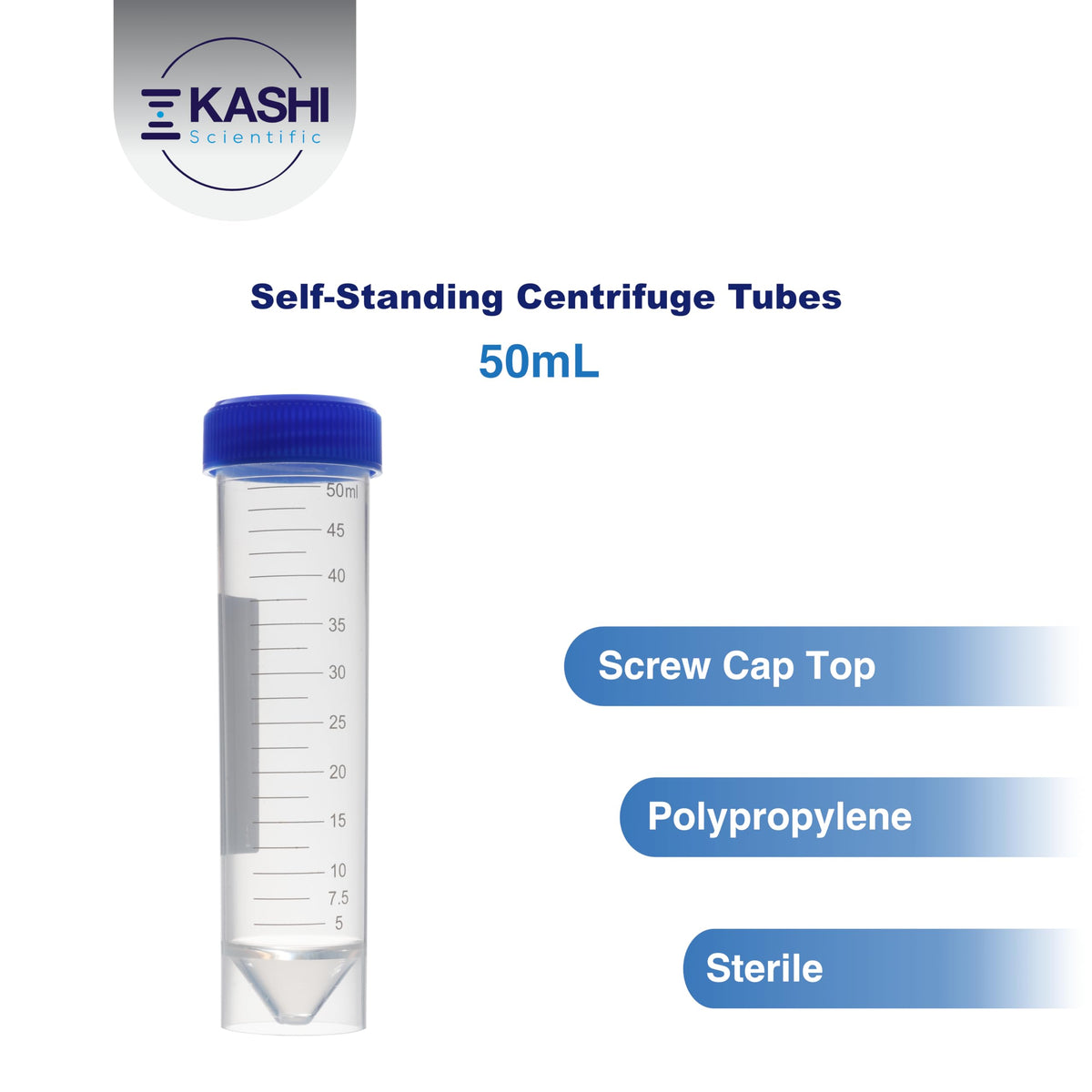 Kashi Scientific 50mL Self Standing Centrifuge Tubes with Screw Cap Lid, Lab Grade Polypropylene Plastic, Skirted, Printed Graduation, Write-on Spot [50mL Self-Standing, 500]