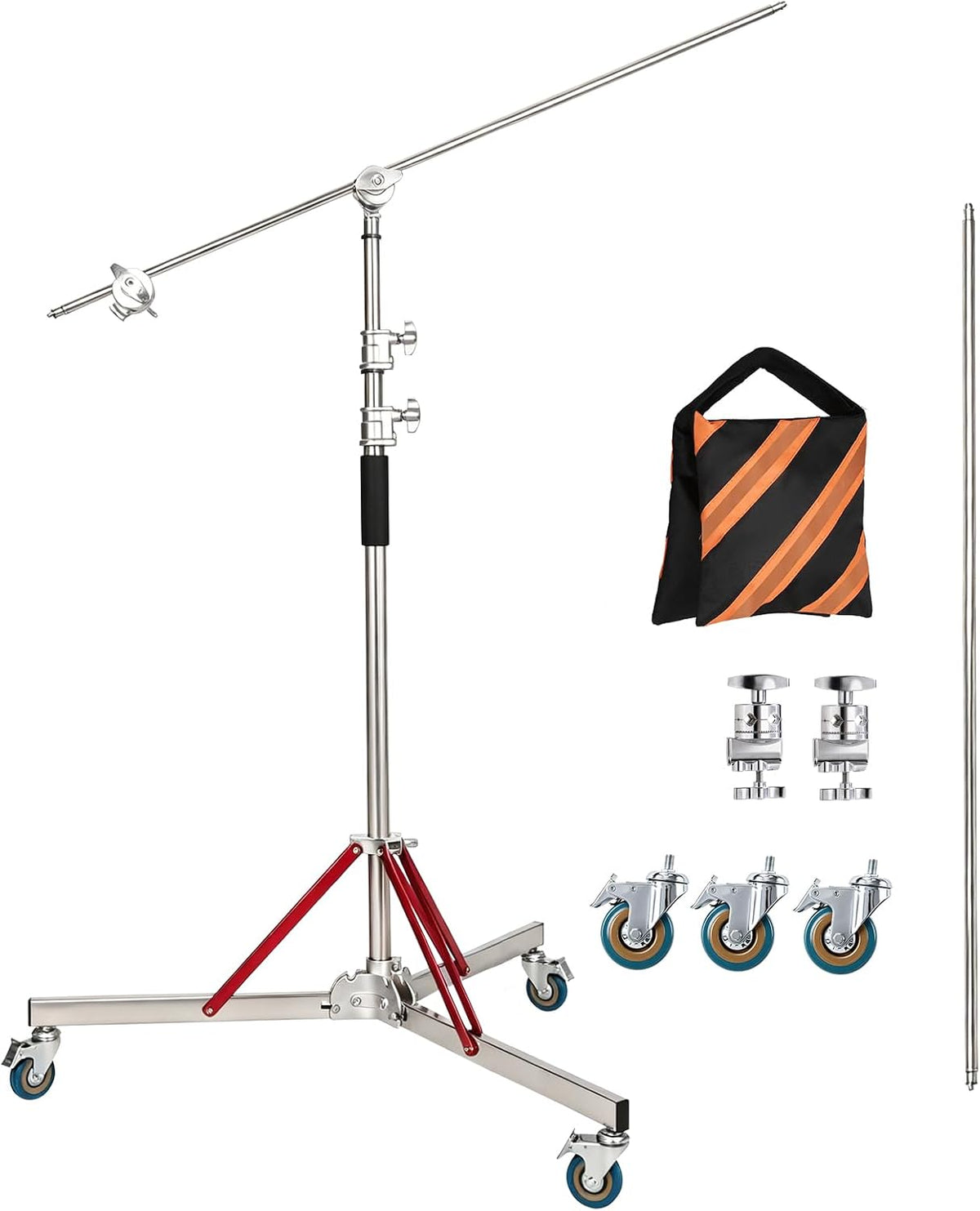 Heavy Duty Stand with Boom Arm & Casters, 10.17ft/310cm Stainless Steel Photography Light Stand Kit with Extension Arm, 2 Grip Heads, Sandbag for Studio Lighting, Monolight, Softbox