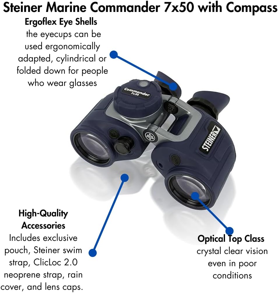 Steiner Optics Commander 7x50 Marine Binoculars with Integrated HD-Stabilized Compass â Professional Waterproof Boating Optics with Sports-Auto-Focus - German Qaulity and Heritage Warranty.