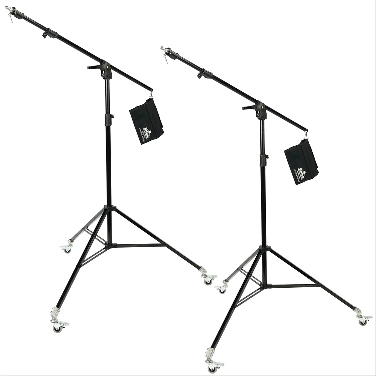 BRITEK [Set of 2] 11.3ft/3.44m Heavy Duty Boom Light Stand w/Steel Caster Rubber Wheels â 11.3â (Black), â Boom to Stand Pivot Riser w/Counterweight Bag for Studio Outdoor Photography Portrait Video