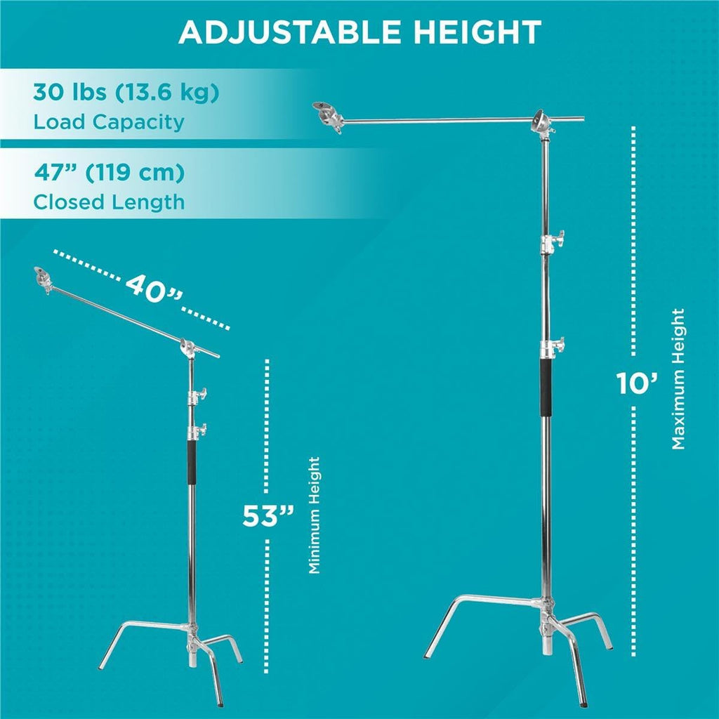Flashpoint 10' C Light Stand on Turtle Base Kit with Two Tier Spring Loaded Riser Column, 3' GOBO Heads, Baby Pin and 40' Grip Arm, Chrome, a for Cinema Still