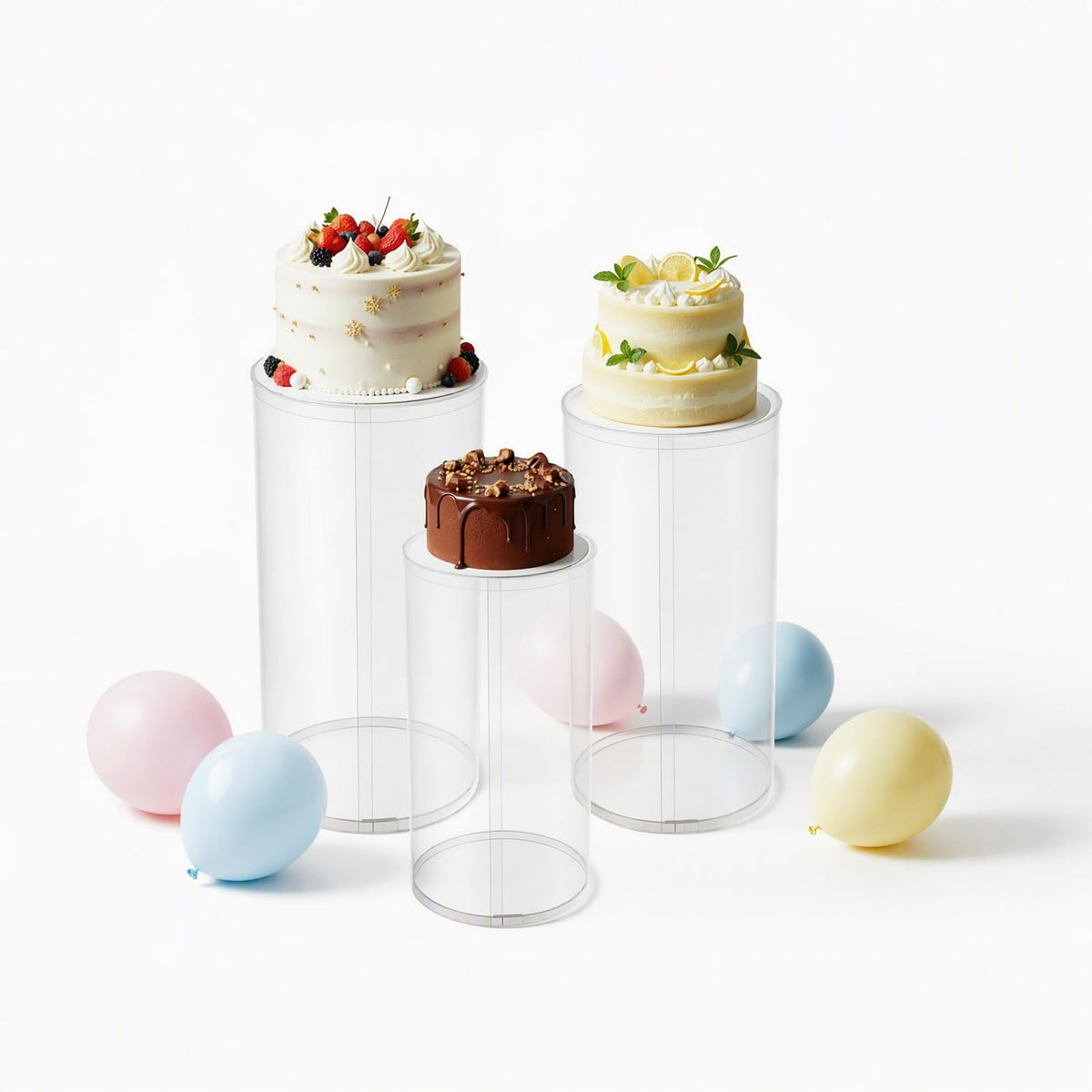 3Pcs Cylinder Pedestal Stand, PVC Acrylic Round Cylinder Stands for Party Decor 23.6 + 29.5 + 35.4 Inch Tall Cylinder Stand Pedestal Display for Birthday Wedding Party, White