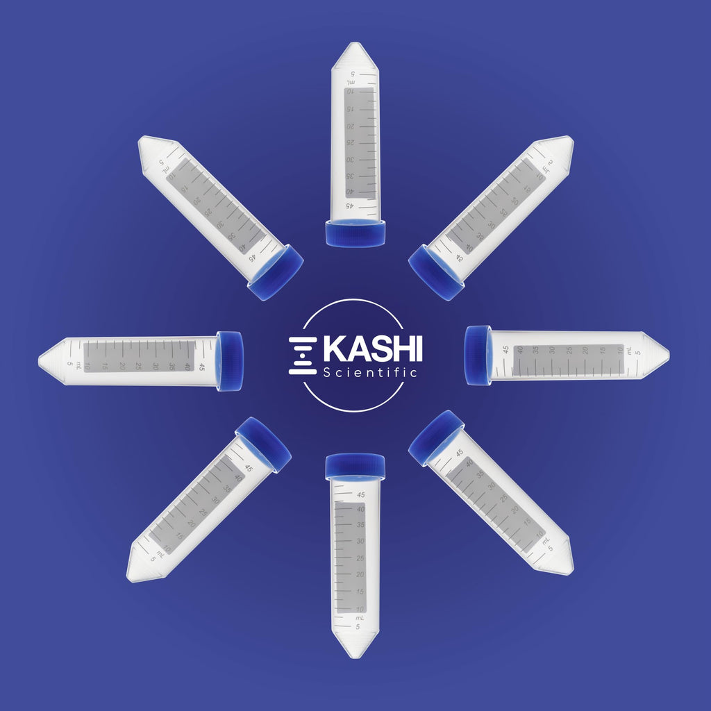 Kashi Scientific 50mL Self Standing Centrifuge Tubes with Screw Cap Lid, Lab Grade Polypropylene Plastic, Skirted, Printed Graduation, Write-on Spot [50mL Self-Standing, 500]