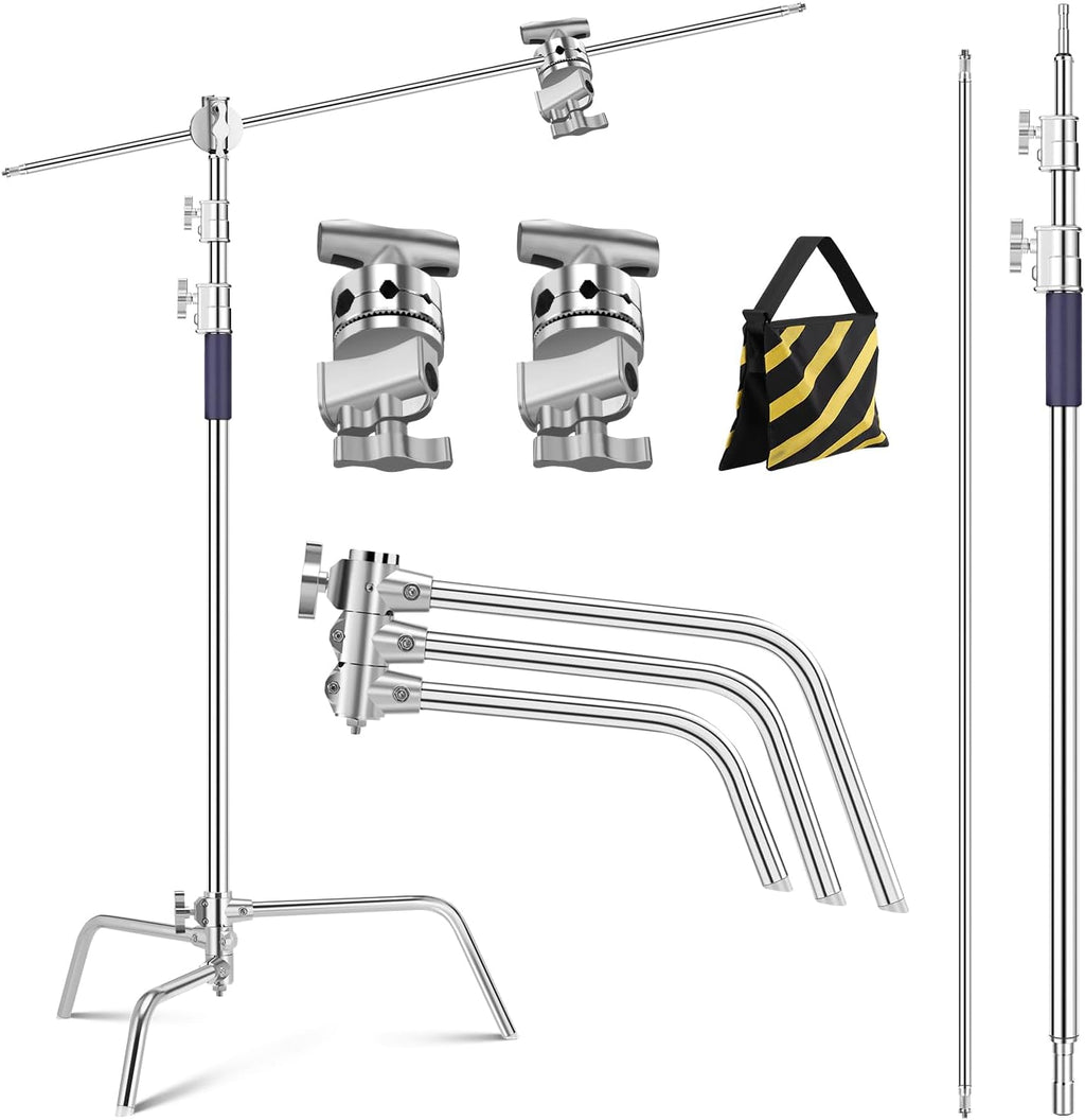 K&F CONCEPT Heavy Duty C Stand, 10.8ft, with Holding Arm, Stainless Steel