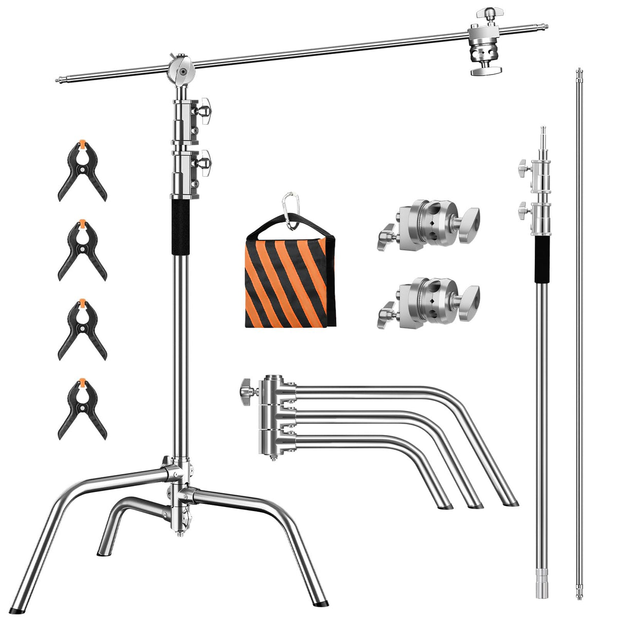 2 Pack Stainless Steel Photography Light Stand 6.9ft/210cm with Holding Arm Sandbag Grip Head Heavy Duty C Stand Sturdy for Photography Studio Video Monolight Softbox Shooting?Black?