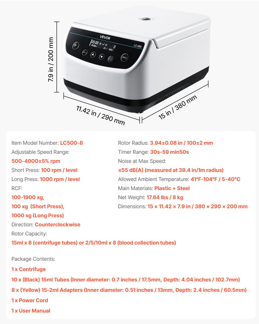 VEVOR Centrifuge Machine, 100-2100xg RCF Electric Laboratory Centrifuge Machine with 1 Rotor for 2/5/10/15/50ml Tube Capacity, Low Speed 500-4000rpm with Timer, Widely Used in Various Experiments