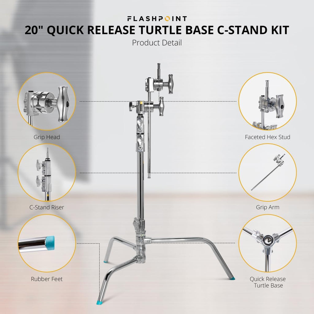 Flashpoint 20" Quick Release Turtle Base C-Stand Kit with 2.5" Grip Head 20" Grip Arm (Chrome)