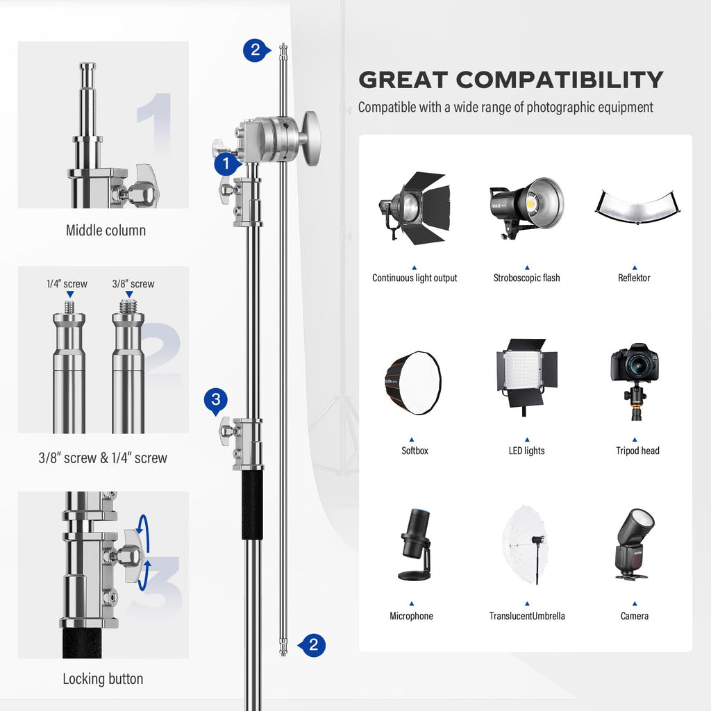 2 Pack Stainless Steel Photography Light Stand 6.9ft/210cm with Holding Arm Sandbag Grip Head Heavy Duty C Stand Sturdy for Photography Studio Video Monolight Softbox Shooting?Black?